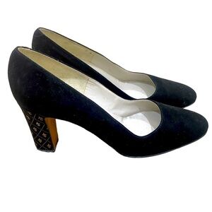 Delman Fleur black suede pumps 3 inch block heel gold print detail Italy sz 7